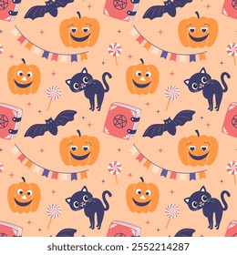 Patrón sin fisuras de Halloween con lindos gatos, calabazas, libros de hechizos y murciélagos. Ilustración de estilo plano, fondo para el embalaje