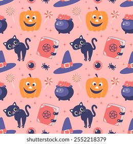 Patrón sin fisuras de Halloween con lindos gatos, calabazas, fantasmas y murciélagos. Ilustración de estilo plano, fondo para el embalaje