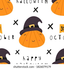 Patrón impecable de Halloween con adorables personajes y símbolos de Halloween - calabaza graciosa en sombrero, texto Feliz Halloween, 31 de octubre. Fondo mágico. Ilustración vectorial. El patrón se corta, no hay máscara de recorte.
