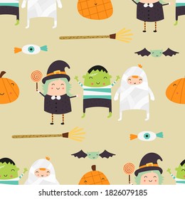 Halloween seamless pattern with cute Halloween characters and symbols – pumpkin, witch, mummy, bat, eye, broom. October magic background. Vector Illustration. Pattern is cut, no clipping mask.