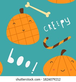 Halloween seamless pattern with cute Halloween characters and symbols – pumpkin, candy cane, bone, text Creepy, Boo. October magic background. Vector Illustration. Pattern is cut, no clipping mask.