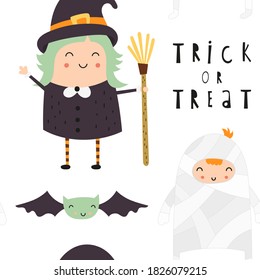 Halloween seamless pattern with cute Halloween characters and symbols – witch, mummy, bat, text Trick or treat. October magic background. Vector Illustration. Pattern is cut, no clipping mask.