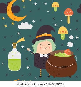 Halloween seamless pattern with cute Halloween characters and symbols – witch with cauldron, potion, amanita, moon. October magic background. Vector Illustration. Pattern is cut, no clipping mask.