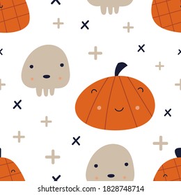 Halloween nahtloses Muster mit süßen Halloween-Figuren und Symbolen - Kürbis, Schädel. Zauberhafter Hintergrund im Oktober. Vektorgrafik. Das Muster wird geschnitten, keine Schnittmaske.