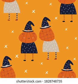 Halloween seamless pattern with cute Halloween characters and symbols – funny pumpkins on orange background. October magic background. Vector Illustration. Pattern is cut, no clipping mask.