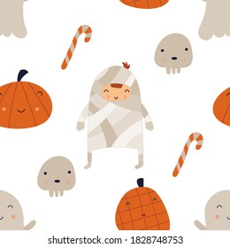 Halloween seamless pattern with cute Halloween characters and symbols – funny mummy, skulls and sweets. October magic background. Vector Illustration. Pattern is cut, no clipping mask.