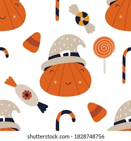 Halloween seamless pattern with cute Halloween characters and symbols – funny pumpkin and sweets – candy cane, candy, lollypop. Magic background. Vector Illustration. Pattern is cut, no clipping mask.