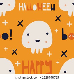 Halloween seamless pattern with cute Halloween characters and symbols – skulls and text Happy Halloween, Boo. October magic background. Vector Illustration. Pattern is cut, no clipping mask.