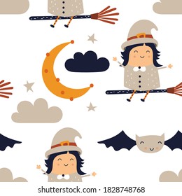 Halloween seamless pattern with cute Halloween characters and symbols – witch, broom, bat, moon, stars. October magic background. Vector Illustration. Pattern is cut, no clipping mask.