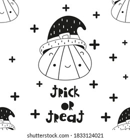 Halloween seamless pattern with cute Halloween characters and symbols – funny pumpkin in hat, text trick or treat. Magic monochrome background. Vector Illustration. Pattern is cut, no clipping mask.