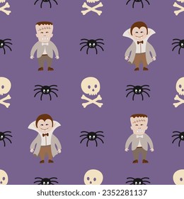 Halloween seamless pattern with cute characters: Dracula and Frankenstein, spider and skull and crossbones on a blue background. Vector illustration for making fabric, wallpaper, wrapping.