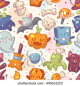 Halloween seamless pattern with cute characters. Vector illustration.