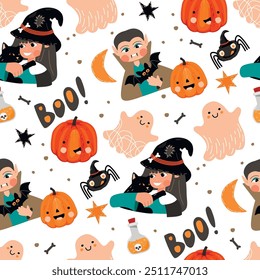 Patrón sin fisuras de Halloween con personajes lindos. Fondo divertido de dibujos animados con niños en trajes de vampiro y bruja, calabazas con caras, fantasmas, araña. Diseño de Vector en color aislado en blanco.