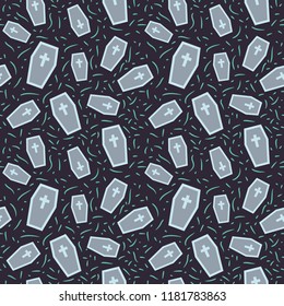 Halloween seamless pattern with cute coffin background. Design for background, wallpaper or gift wrapping paper. Vector illustration.