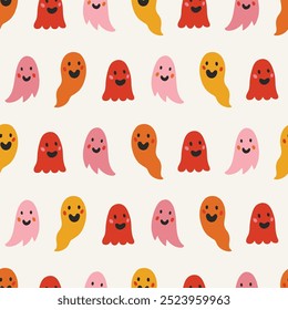 Patrón inconsútil de Halloween con fantasmas coloridos lindos en el fondo blanco. Perfecto para el Fondo de pantalla, papel de regalo, tarjetas de felicitación de otoño. Ilustración vectorial