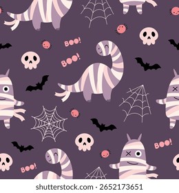 Halloween seamless pattern with cute dinosaur, monster, skulls, bats, spiders and spiderweb. Spooky season background.