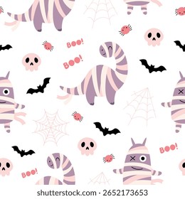 Halloween seamless pattern with cute dinosaur, monster, skulls, bats, spiders and spiderweb. Spooky season background.