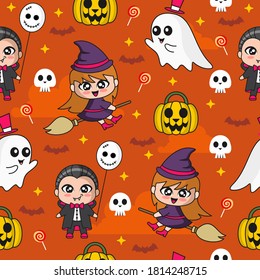 Halloween seamless pattern with a cute dracula, witch, pumpkin, and ghost cute illustration.