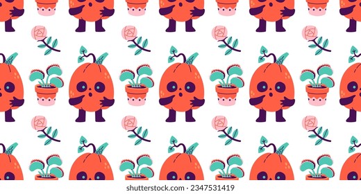 Halloween seamless pattern. Seamless pattern with cute halloween elements. Vector flat design illustration.