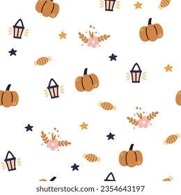 Halloween seamless pattern. Seamless pattern with cute halloween elements. Vector flat design illustration.