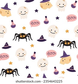 Halloween seamless pattern. Seamless pattern with cute halloween elements. Skulls, magic potion, spiders and hats. Vector flat design illustration.