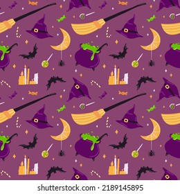 Halloween seamless pattern with cute esoteric elements. Spooky vector illustration. Trick or treat holiday background. Hand drawn endless texture for textile, wrapping paper, fabric design.
