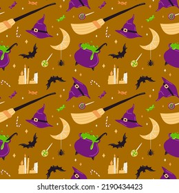Halloween seamless pattern with cute esoteric elements. Spooky vector illustration. Trick or treat holiday background. Hand drawn endless texture for textile, wrapping paper, fabric design.