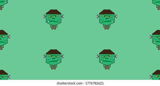 Halloween seamless pattern, Cute Frankenstein on green background, Cute ghost icons.	