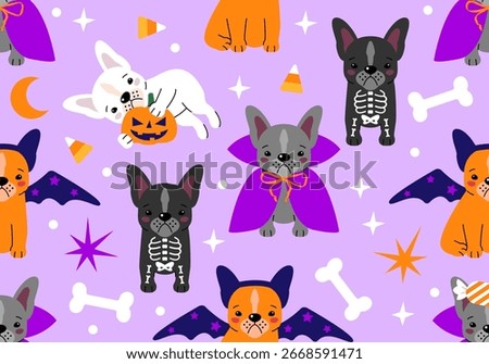 Halloween seamless pattern with cute French Bulldog dog. Halloween texture background with friendly small French Bulldog dog