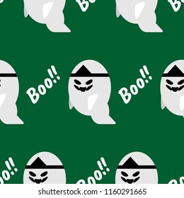 Halloween seamless pattern with cute ghost and Boo text.