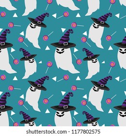 Halloween seamless pattern with cute ghost with witch hat and Lollipop.