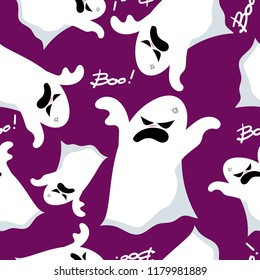 Halloween seamless pattern with cute ghost and boo text.