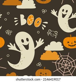 Halloween seamless pattern with cute ghost, pumpkin and web on dusty black background. Fall digital background with vector hand drawn elements. Seamless pattern for kids fabric and scrapbook paper.