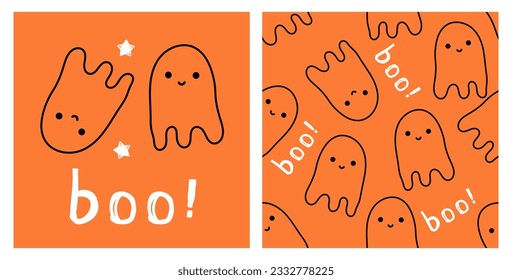 Halloween seamless pattern with cute ghost and hand written fonts on orange background vector illustration. 