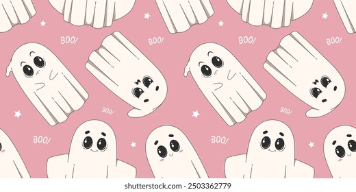 Halloween seamless pattern with cute ghost characters. Cartoon spooky background.