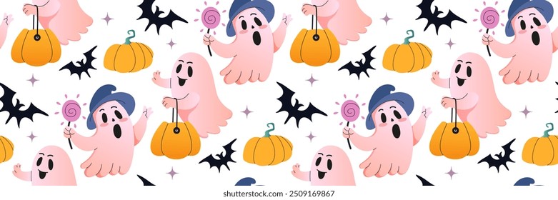 Dia das Bruxas padrão perfeito. Fantasma bonito de chapéu de bruxa com pirulito. Poltergeist com cesta de doces. Personagens de desenho animado. Fundo de Halloween com abóbora, morcego, fantasma. Ilustração em plano vetorial