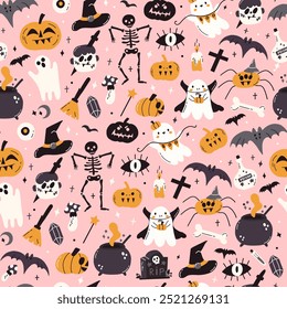 Patrón sin fisuras de Halloween. Lindo fantasma, murciélago, calabaza de fondo. Estampado espeluznante de fiesta de otoño. Textura gráfica divertida de la tela. Ilustración plana de Vector