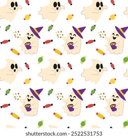 Halloween seamless pattern with cute ghost in hat and candies. White background.