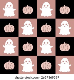 Halloween seamless pattern. Cute ghost and pumpkin pattern.  Retro Halloween digital paper. Festive seasonal hand drawn vector pattern in flat style