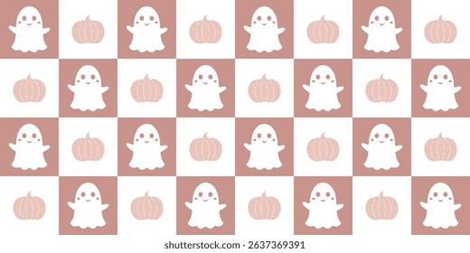 Halloween seamless pattern. Cute ghost and pumpkin pattern.  Retro Halloween digital paper. Festive seasonal hand drawn vector pattern in flat style