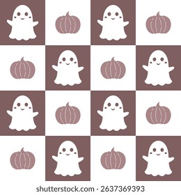 Halloween seamless pattern. Cute ghost and pumpkin pattern.  Retro Halloween digital paper. Festive seasonal hand drawn vector pattern in flat style