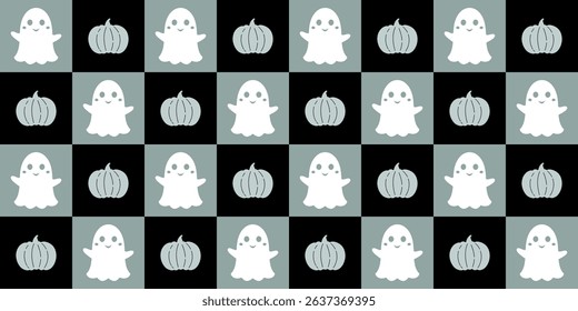 Halloween seamless pattern. Cute ghost and pumpkin pattern.  Retro Halloween digital paper. Festive seasonal hand drawn vector pattern in flat style