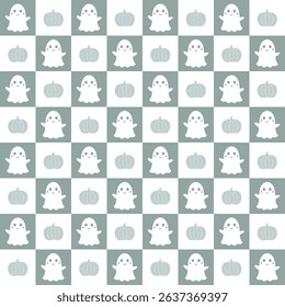 Halloween seamless pattern. Cute ghost and pumpkin pattern.  Retro Halloween digital paper. Festive seasonal hand drawn vector pattern in flat style