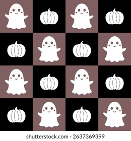 Halloween seamless pattern. Cute ghost and pumpkin pattern.  Retro Halloween digital paper. Festive seasonal hand drawn vector pattern in flat style