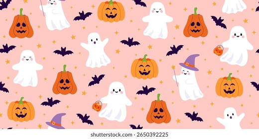 Halloween seamless pattern. Cute ghost and pumpkin characters, bat silhouettes on pink background. Vector illustration.