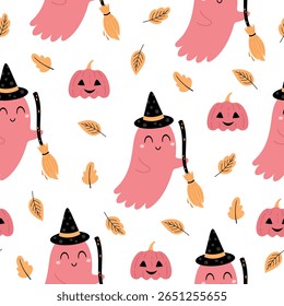 Halloween seamless pattern with cute ghost, pumpkin and fall leaves. Spooky Halloween vector background.