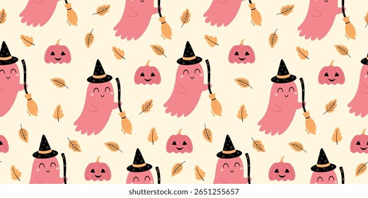 Halloween seamless pattern with cute ghost, pumpkin and fall leaves. Spooky Halloween vector background.