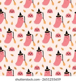 Halloween seamless pattern with cute ghost, pumpkin and fall leaves. Spooky Halloween vector background.