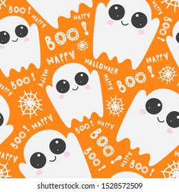 Halloween seamless pattern with cute ghosts, cobwebs, lettering on orange background. Halloween vector template. Perfect for prints, greeting cards, wrap paper, Wallpaper. EPS 10