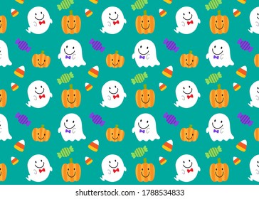 Halloween  seamless pattern with cute ghosts, pumpkins, and candies. For background, wallpaper, wrapping paper, fabric, textile.